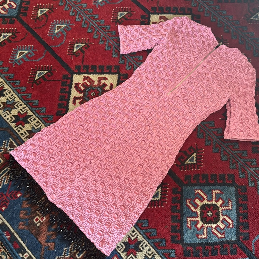 GANNI SMOCKED SATIN BEADED DRESS SZ 34 - Picture 7 of 9